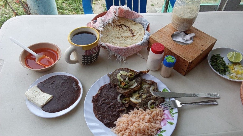 Bistec encebollado con frijoles, arroz y tortillas – comida oaxaqueña cerca de Matías Romero